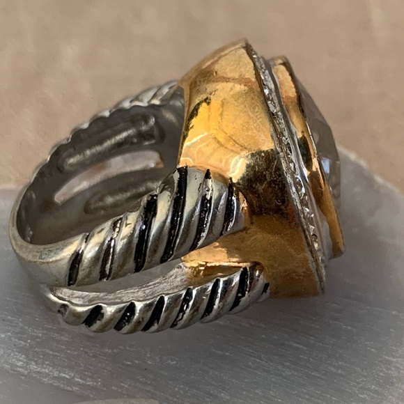 18K GE Gold and Silver Crystal Vintage Cocktail Ring - Picture 5 of 10
